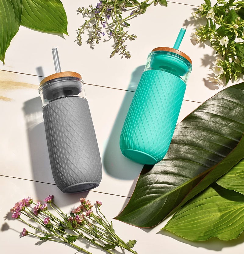 Ello Devon Glass Tumbler, Protective No Sweat Silicone Sleeve and Splash Proof Wooden Detail Lid with Straw, 18 oz - Image 5