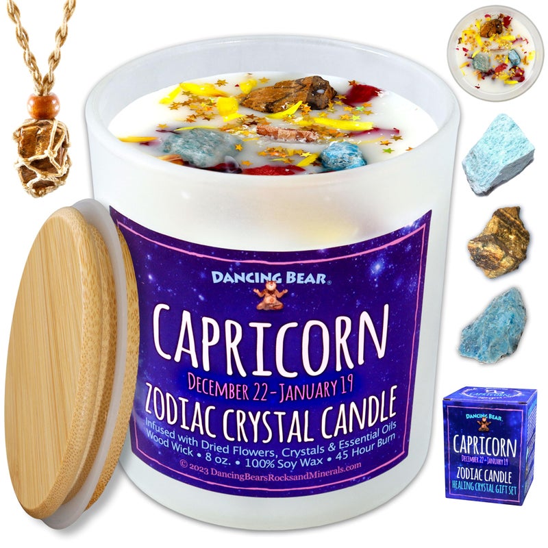 DANCING BEAR Capricorn Zodiac Candle Gift Box Set with 3 Healing Crystals Stone Holder Necklace 100 Soy Scented Wax Crackling Wood Wick 45 Hour Burn Time