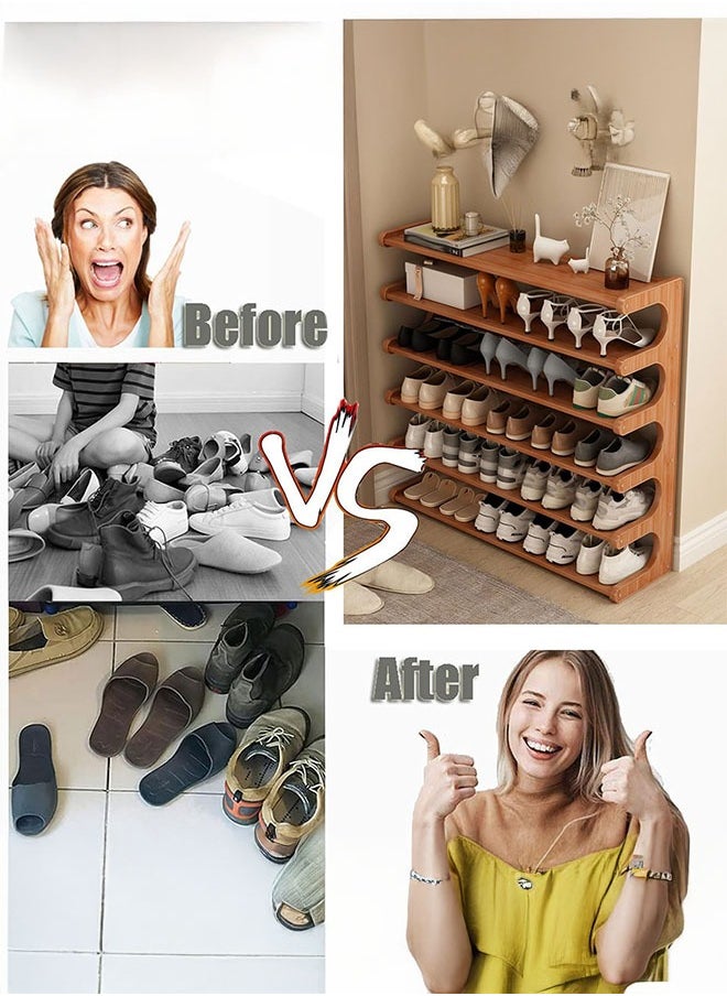 LEDIN - Bamboo Shoe Rack 6-Tier Shoe Storage Organizer Entryway Shoe Shelf Open Desk Shelves Desk Top Organizer Shelf Multifunction Storage Rack Display Shelf Bookshelf for Home(Size:80CM) - Image 1
