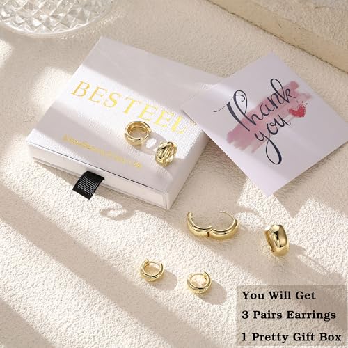 Besteel Small Chunky 14K Gold Plated Hoop Earrings for Women - Hypoallergenic Earrings for Sensitive Ears Earrings Set Thick Huggie Hoops Earring Stacks Silver Plated Jewelry - Image 4