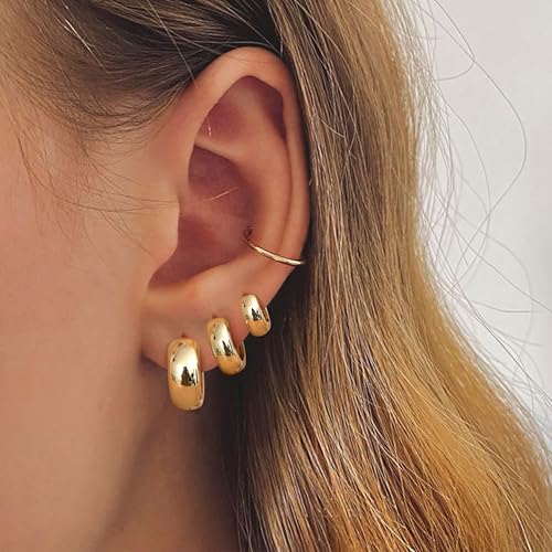 Besteel Small Chunky 14K Gold Plated Hoop Earrings for Women - Hypoallergenic Earrings for Sensitive Ears Earrings Set Thick Huggie Hoops Earring Stacks Silver Plated Jewelry - Image 2