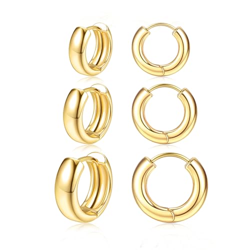 Besteel Small Chunky 14K Gold Plated Hoop Earrings for Women - Hypoallergenic Earrings for Sensitive Ears Earrings Set Thick Huggie Hoops Earring Stacks Silver Plated Jewelry - Image 1