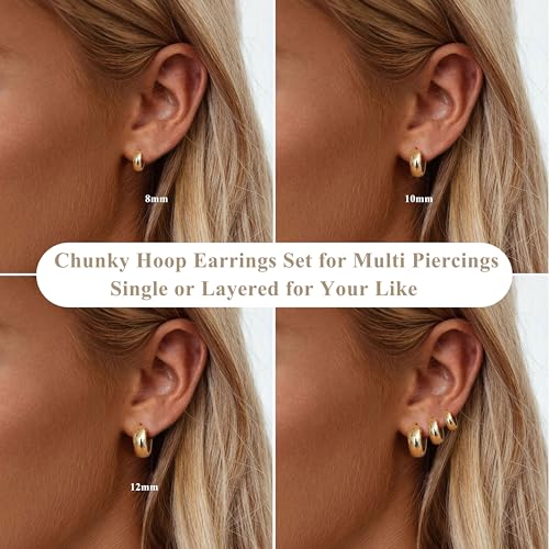 Besteel Small Chunky 14K Gold Plated Hoop Earrings for Women - Hypoallergenic Earrings for Sensitive Ears Earrings Set Thick Huggie Hoops Earring Stacks Silver Plated Jewelry - Image 3