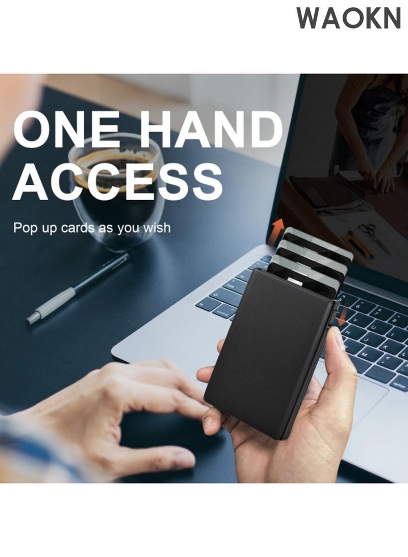 WAOKN Men's credit card holder wallet, equipped with anti-theft tracking system, leather pop-up card wallet, with banknote compartment, ID card window, coin bag and magnetic seal, men's gift carbon fiber black. - Image 3