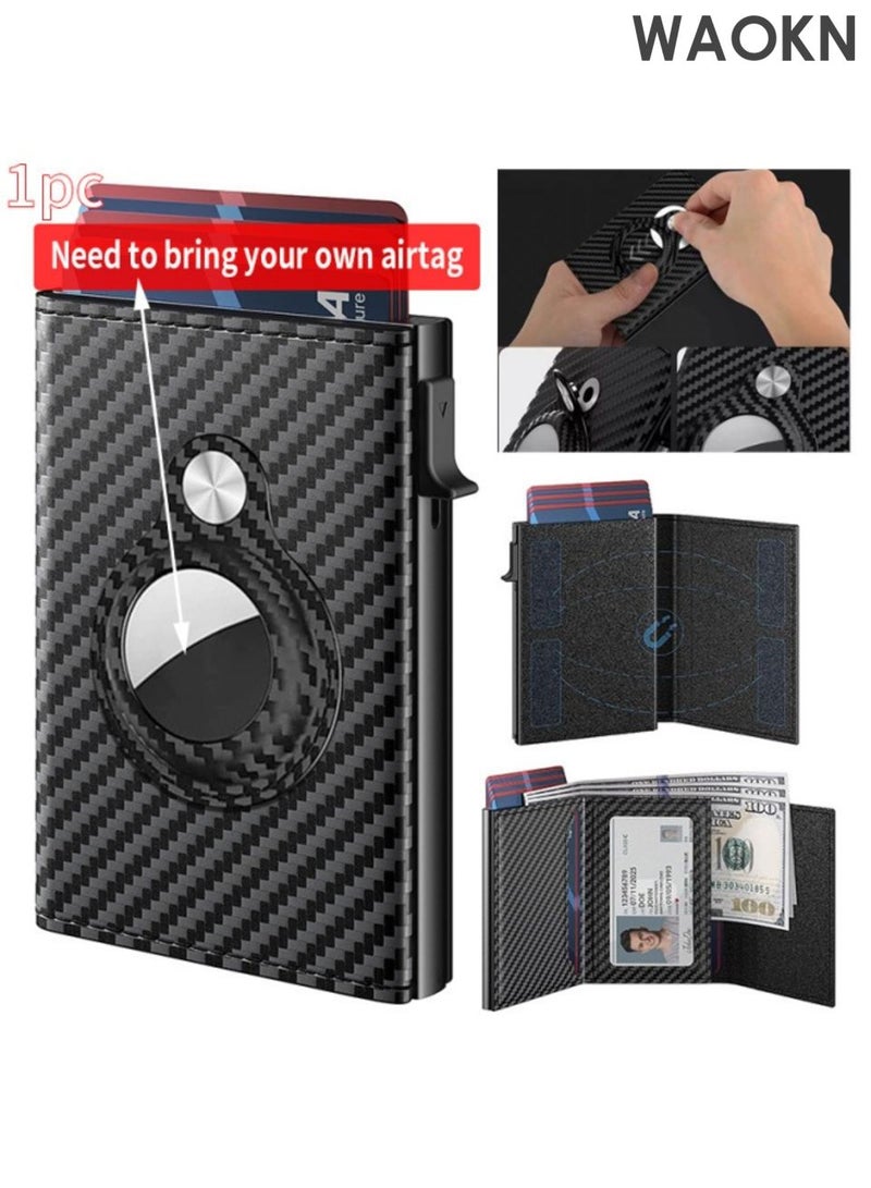 WAOKN Men's credit card holder wallet, equipped with anti-theft tracking system, leather pop-up card wallet, with banknote compartment, ID card window, coin bag and magnetic seal, men's gift carbon fiber black. - Image 1
