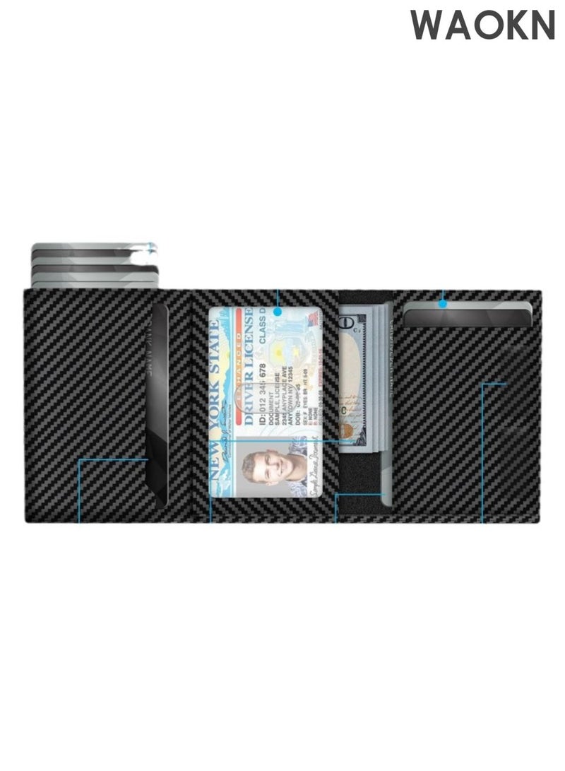 WAOKN Men's credit card holder wallet, equipped with anti-theft tracking system, leather pop-up card wallet, with banknote compartment, ID card window, coin bag and magnetic seal, men's gift carbon fiber black. - Image 5