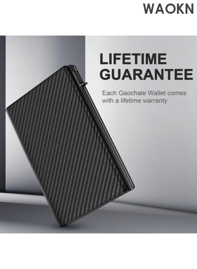 WAOKN Men's credit card holder wallet, equipped with anti-theft tracking system, leather pop-up card wallet, with banknote compartment, ID card window, coin bag and magnetic seal, men's gift carbon fiber black. - Image 4