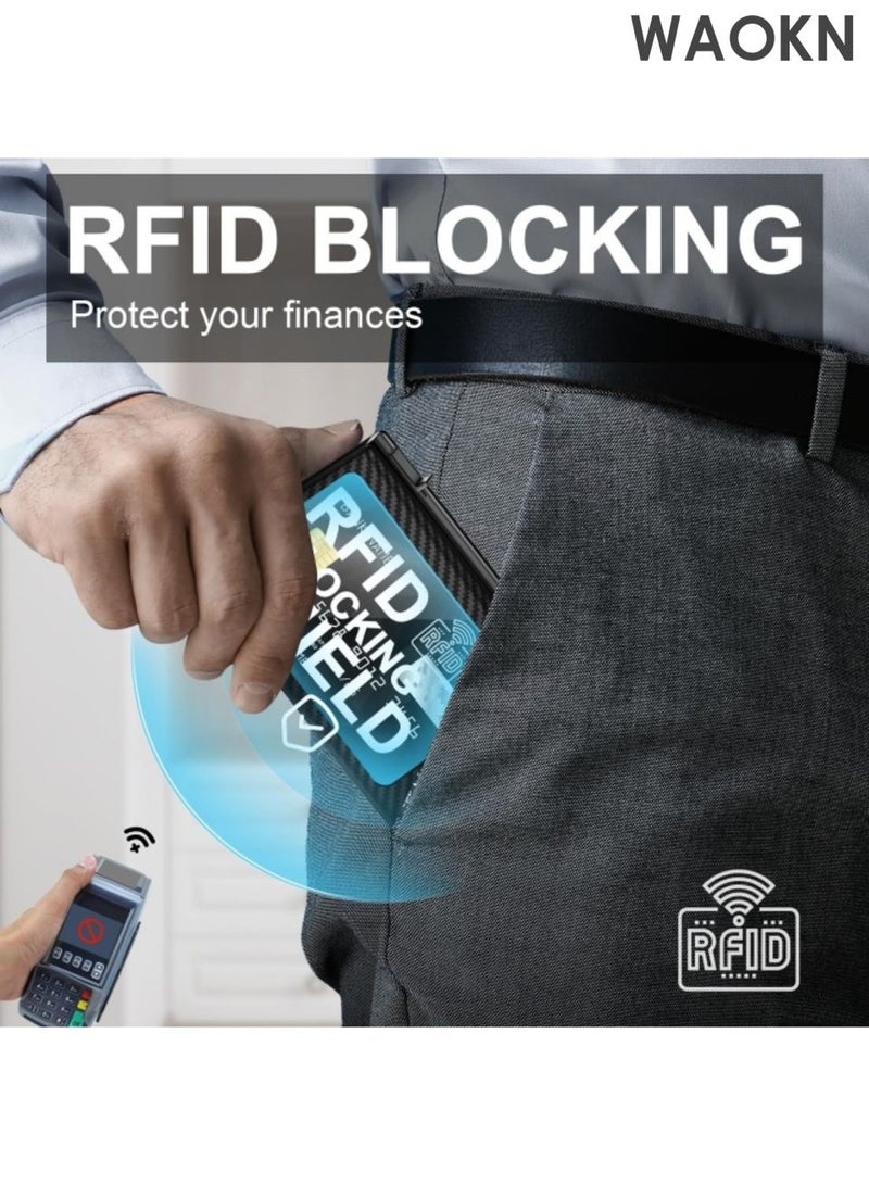 WAOKN Men's credit card holder wallet, equipped with anti-theft tracking system, leather pop-up card wallet, with banknote compartment, ID card window, coin bag and magnetic seal, men's gift carbon fiber black. - Image 2