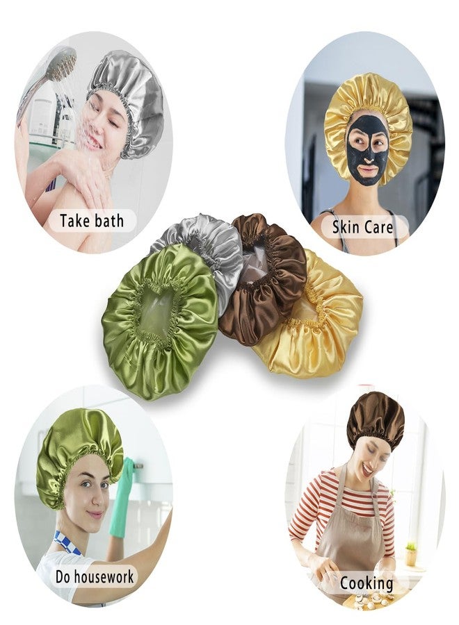 CHFONG 4 PCS Shower Cap for Women, Elastic and Reusable Bath Caps, Double Layers Shower Caps Reusable Waterproof, Bathing Shower Caps, Environmental Bath Hair Protection Cap -Gold+Green+Silver Gray+Brown - Image 5