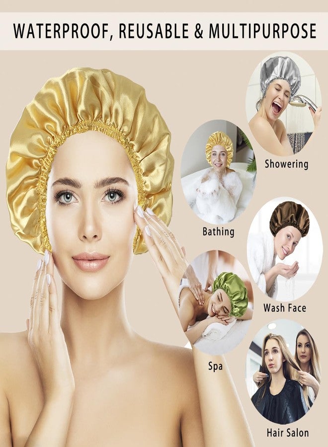 CHFONG 4 PCS Shower Cap for Women, Elastic and Reusable Bath Caps, Double Layers Shower Caps Reusable Waterproof, Bathing Shower Caps, Environmental Bath Hair Protection Cap -Gold+Green+Silver Gray+Brown - Image 2
