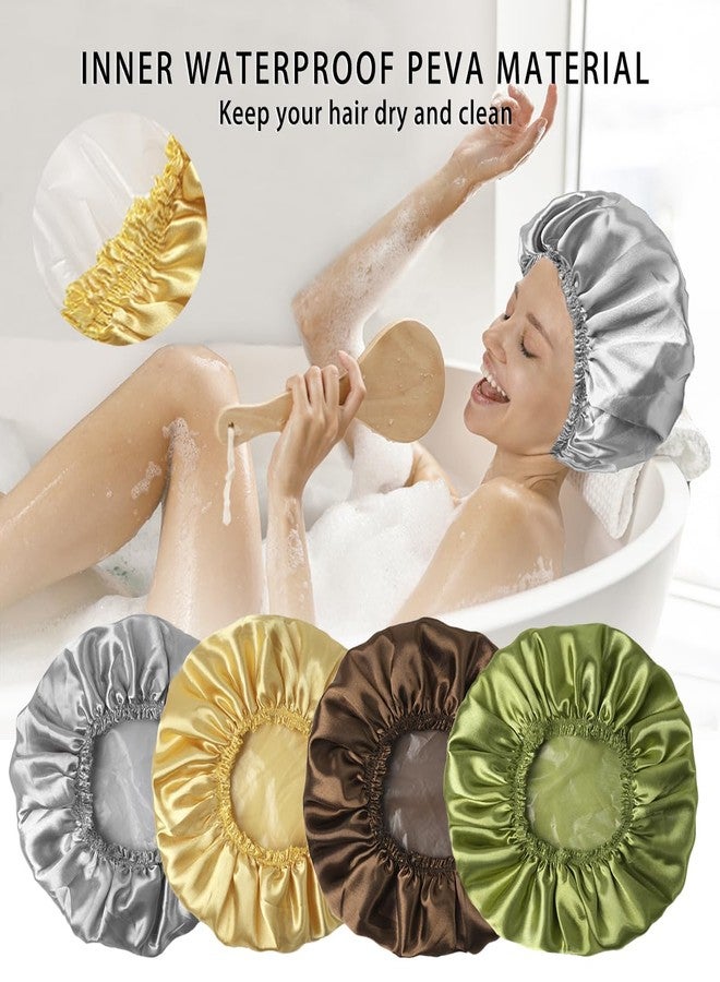 CHFONG 4 PCS Shower Cap for Women, Elastic and Reusable Bath Caps, Double Layers Shower Caps Reusable Waterproof, Bathing Shower Caps, Environmental Bath Hair Protection Cap -Gold+Green+Silver Gray+Brown - Image 3