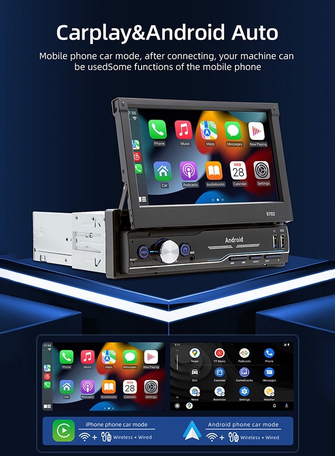 TUNKE Android 13 Car Stereo with 7" Retractable Touchscreen, Wireless CarPlay, Android Auto, GPS Navigation, 4G+WiFi, BT 5.1, Rear Camera Ready - Image 3