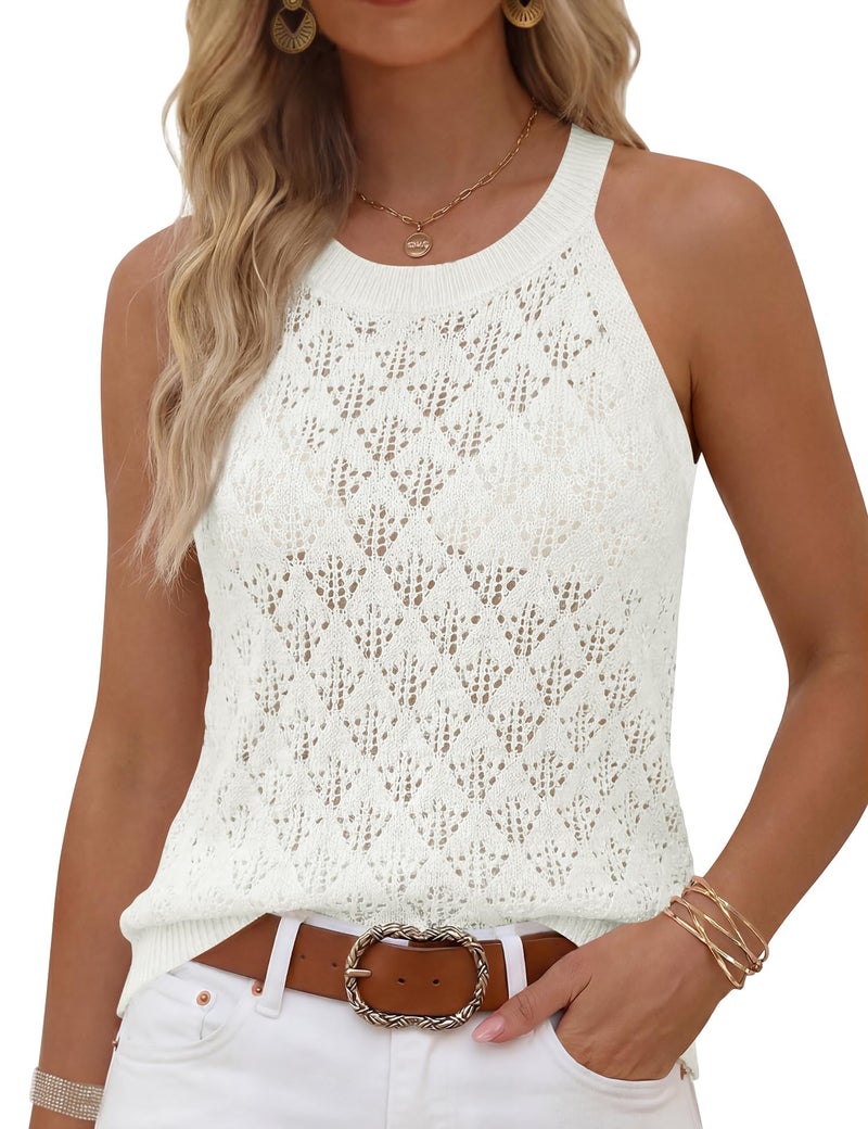 LUYAA Crochet Tank Tops for Women Summer Sleeveless Tshirts Hollow Out Crochet Sweater Vest Womens Boho Dressy Casual Clothes White S - Image 1