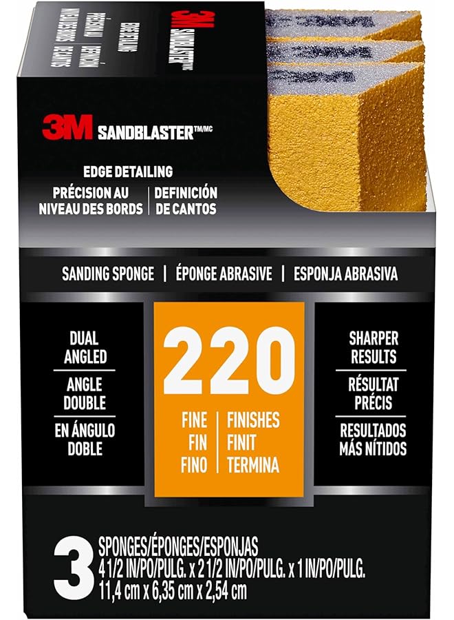 3M Sandblaster Dual Angle Sanding Sponge Gold 4.5 Inch X 2.5 Inch X 1 Inch 220 Grit 3 Pack - Image 1