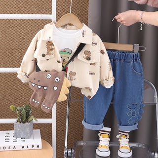 Five Small Seven Children'S Clothing 2025 New 0-4 Years Old Boys And Girls Full Print Work Dinosaur Shirt 3-Piece Set