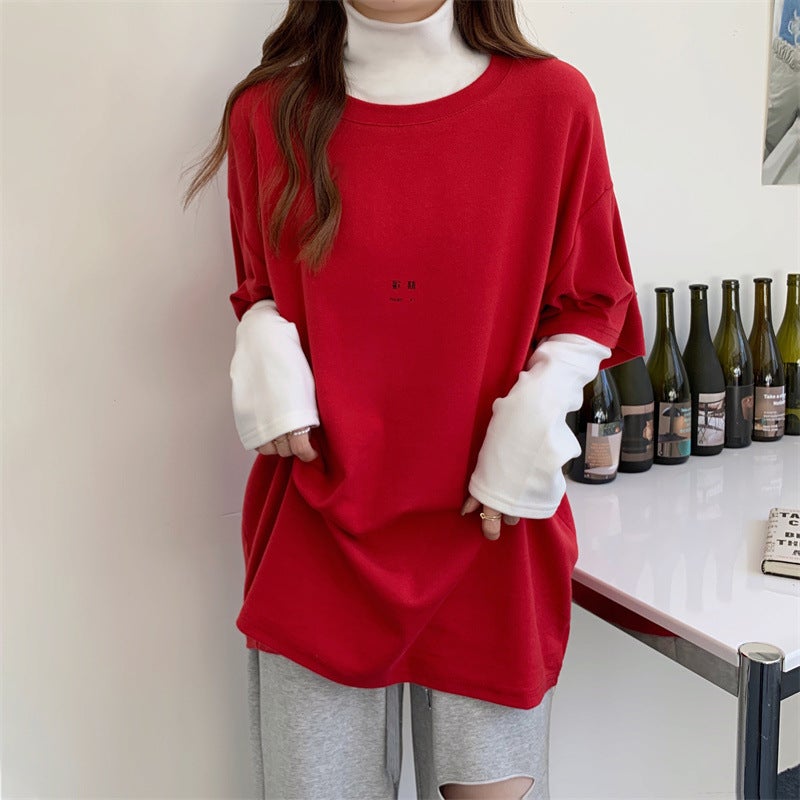 Summer Korean Style Lazy Style Loose Outer Wear Mid-Length Top New Year Red Short-Sleeved T-Shirt Women'S Trendy - Image 3