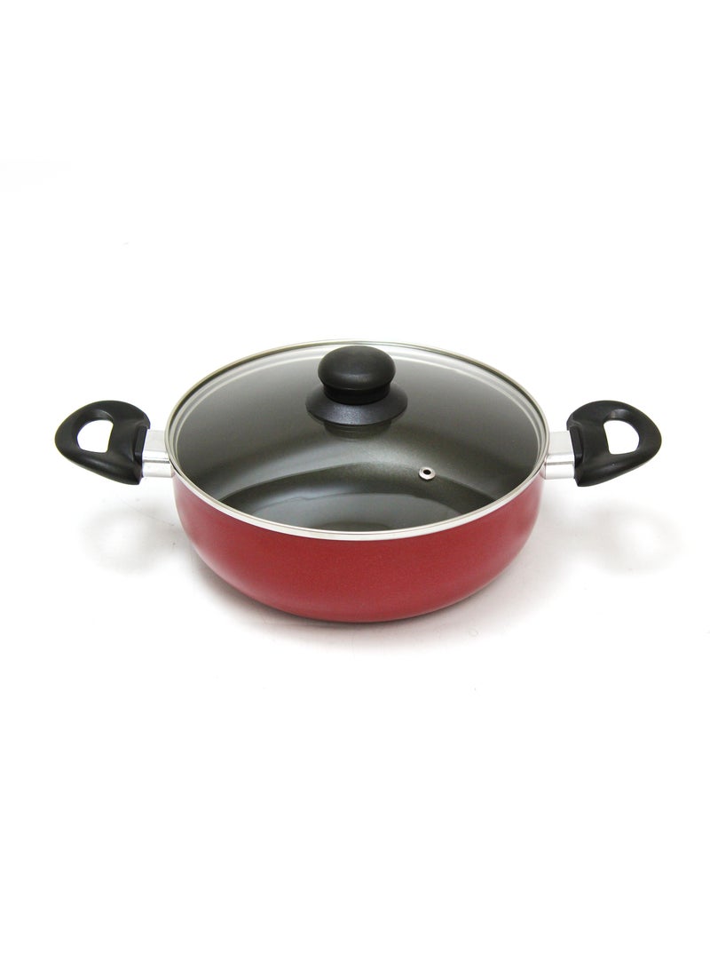 BLACKSTONE 28CM Red Nonstick Kadai Pan Frying Pan with Glass Lid and Double Handles, Multi-Purpose Deep Cooking Wok for Sauteing Frying and Curries Everyday Kitchen Cookware - Image 1