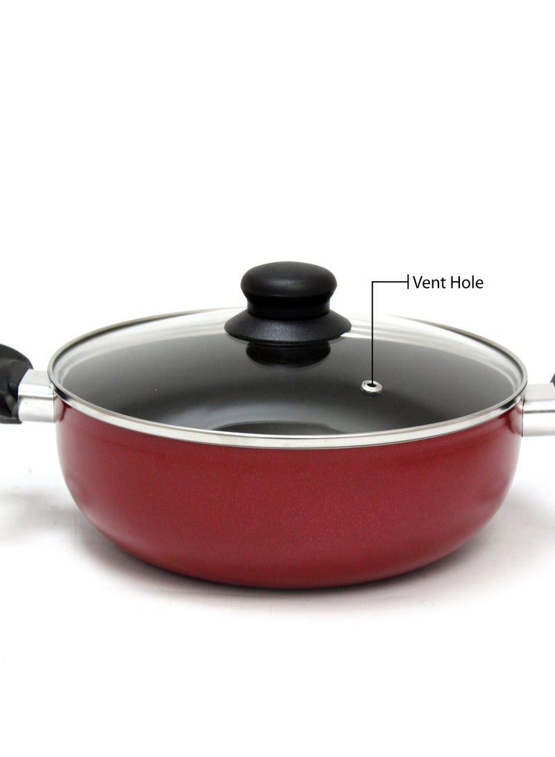 BLACKSTONE 28CM Red Nonstick Kadai Pan Frying Pan with Glass Lid and Double Handles, Multi-Purpose Deep Cooking Wok for Sauteing Frying and Curries Everyday Kitchen Cookware - Image 3