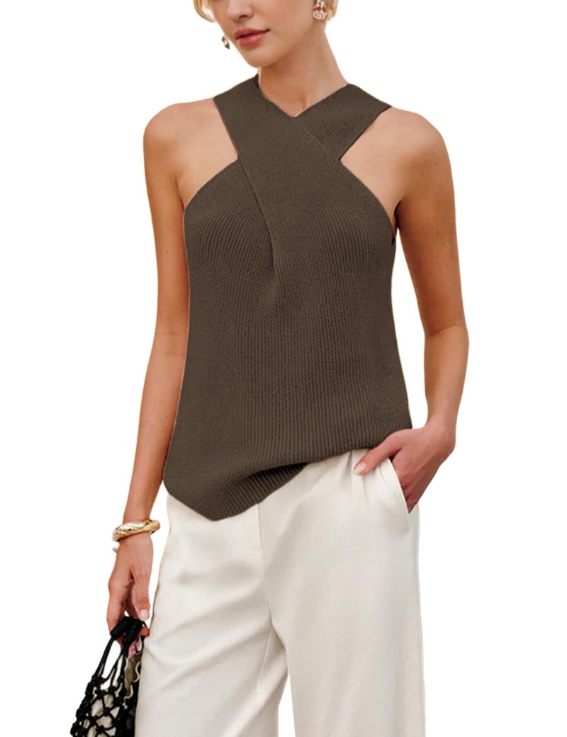 Yeokou Women Halter Cross Over Collar Tank Knit Sleeveless Top Solid Color Casual Summer Blouse(Taupe-S) - Image 1