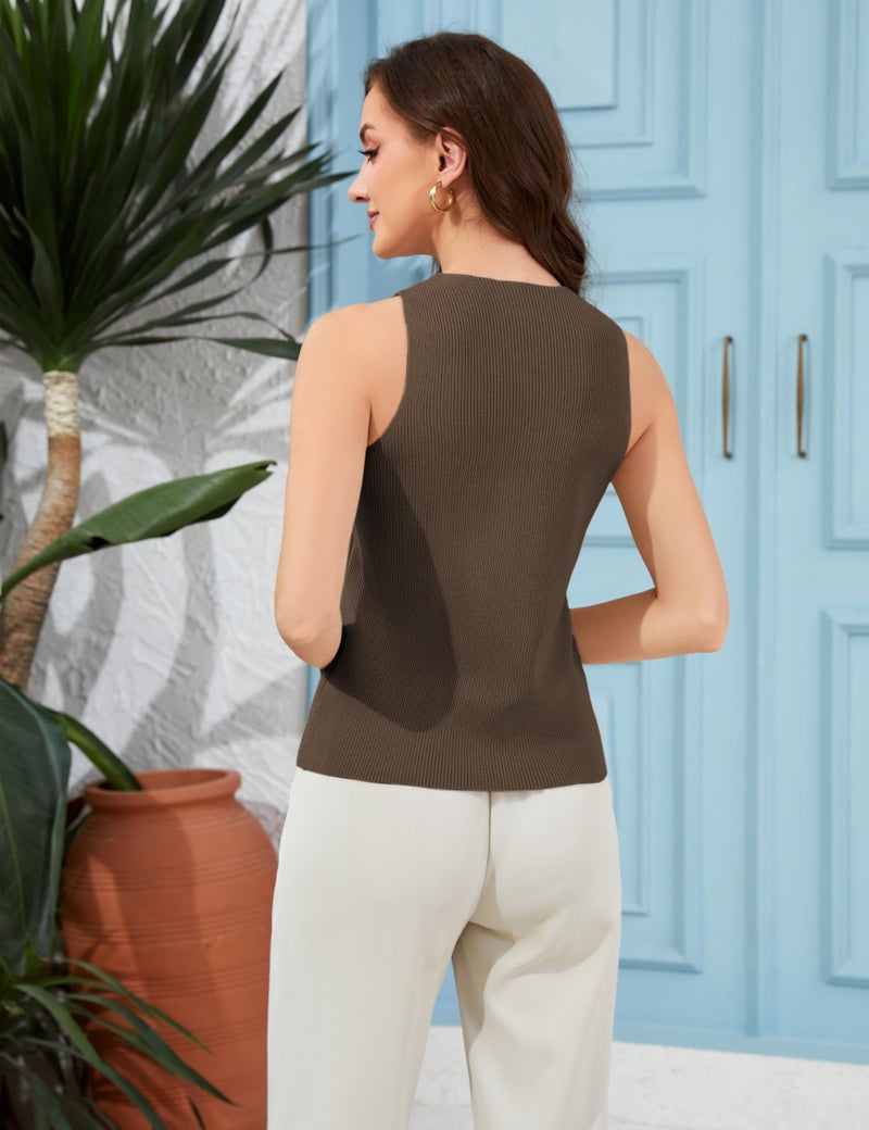 Yeokou Women Halter Cross Over Collar Tank Knit Sleeveless Top Solid Color Casual Summer Blouse(Taupe-S) - Image 4