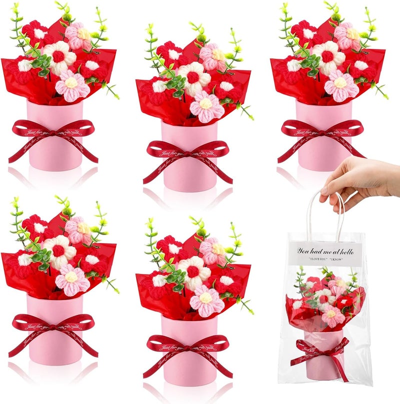 Willinglong 6 Set Valentine's Day Crochet Puff Flowers Potted Plants, 4.7" x 5.9" Mini Artificial Knitted Woven Flowers Bouquets with Gift Bag for Women Table Centerpiece Decoration(Red) - Image 1