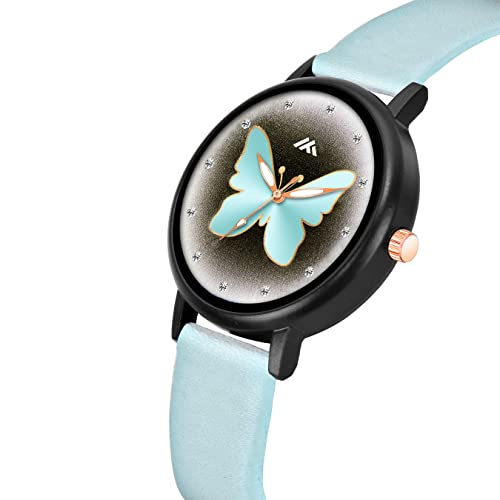 CLOUDWOOD Butterfly Printed Dial Leather Strap Analog Watch For Women And Girls (Sky Blue) - Image 2