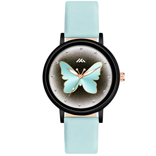 CLOUDWOOD Butterfly Printed Dial Leather Strap Analog Watch For Women And Girls (Sky Blue) - Image 1