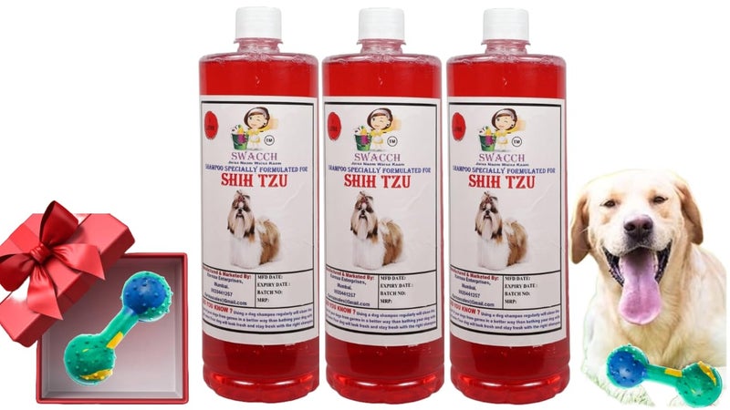 swacch Shih Tzu Dog Shampoo + Dumbbell Toy I Durable Rubber Dog Toy for Chewing I Playing,Teeth Cleaning & Training Toy I Combo Pack I 1 Litre Pack of 3 Strawberry - Image 1