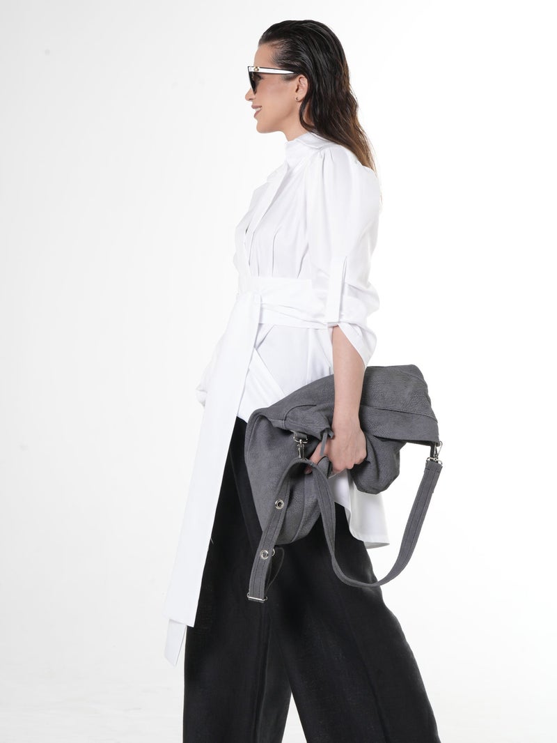 Metamorphoza Oversize Belted Shirt In White - Image 4