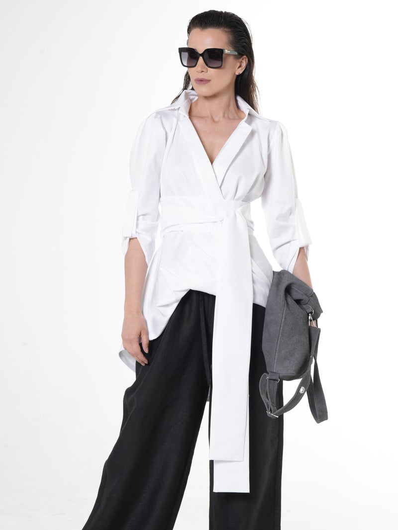 Metamorphoza Oversize Belted Shirt In White - Image 1
