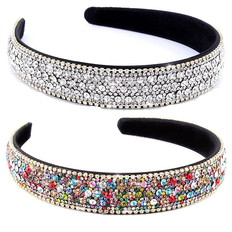 YISSION 2 PCS Rhinestone Headbands for Women Glitter Crystal Headband Fashion Jeweled Headbands for Girls Gorgeous Hair Accessories for Women Silver Rainbow Color