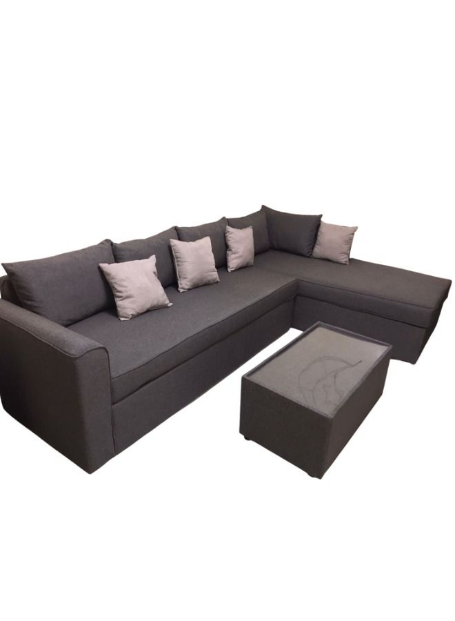 Maharat Al Bahar L Shape-Carbo Dewan Valvet Sofa Set with Cushion & Table- Grey/-260X80X80 - Image 1