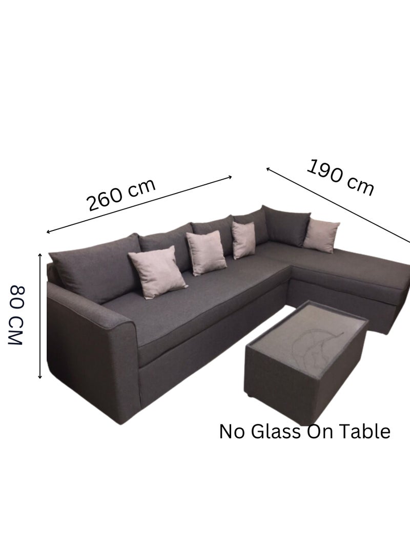 Maharat Al Bahar L Shape-Carbo Dewan Valvet Sofa Set with Cushion & Table- Grey/-260X80X80 - Image 2