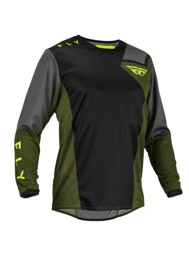 Fly Racing Black-Olive Green Long-Sleeve Motocross Jersey with Neon Accents and Brand Logo-XL