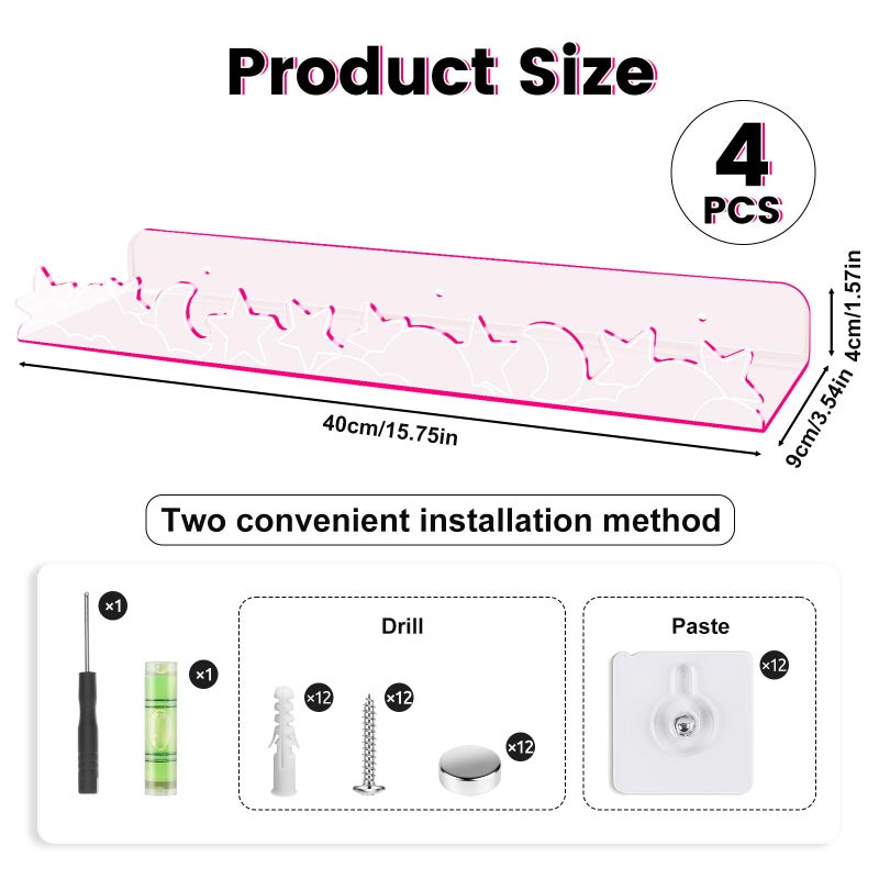 alldomess Floating Shelves for Wall,4 Pack 15.7â€™â€™x 3.5â€™â€™Adhesive Acrylic Shelves Organizer for Book Toy Photo Makeup,Wall-Mounted Kids Storage for Bathroom,Bedroom,Nursery,Pink Star and Moon - Image 2