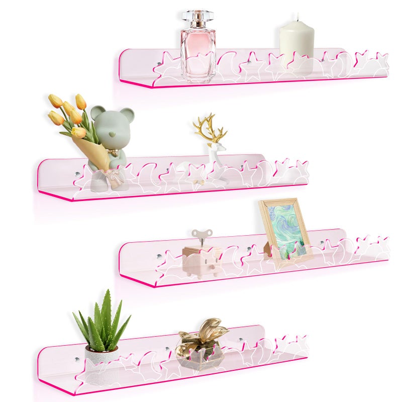 alldomess Floating Shelves for Wall,4 Pack 15.7â€™â€™x 3.5â€™â€™Adhesive Acrylic Shelves Organizer for Book Toy Photo Makeup,Wall-Mounted Kids Storage for Bathroom,Bedroom,Nursery,Pink Star and Moon - Image 1