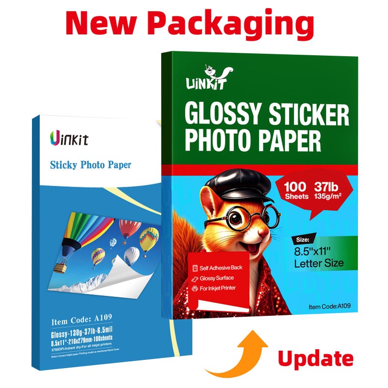 Uinkit 100 Sheets Printable Glossy Sticker Photo Paper 8.5x11 Full Sheet Inkjet Self Adhesive Photo Paper Label For for Scrapbooking, Brand Logo, Party Decor Stickers Letter Size - Image 3