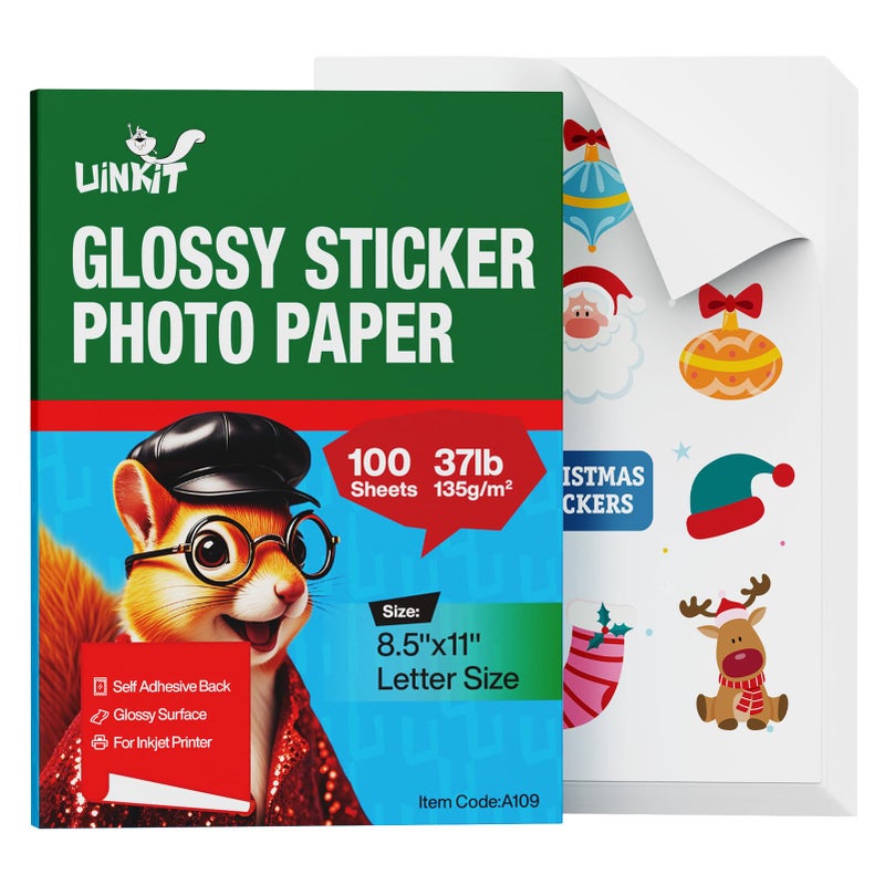 Uinkit 100 Sheets Printable Glossy Sticker Photo Paper 8.5x11 Full Sheet Inkjet Self Adhesive Photo Paper Label For for Scrapbooking, Brand Logo, Party Decor Stickers Letter Size - Image 1