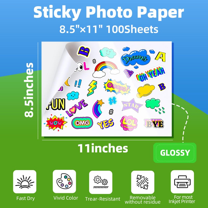 Uinkit 100 Sheets Printable Glossy Sticker Photo Paper 8.5x11 Full Sheet Inkjet Self Adhesive Photo Paper Label For for Scrapbooking, Brand Logo, Party Decor Stickers Letter Size - Image 2