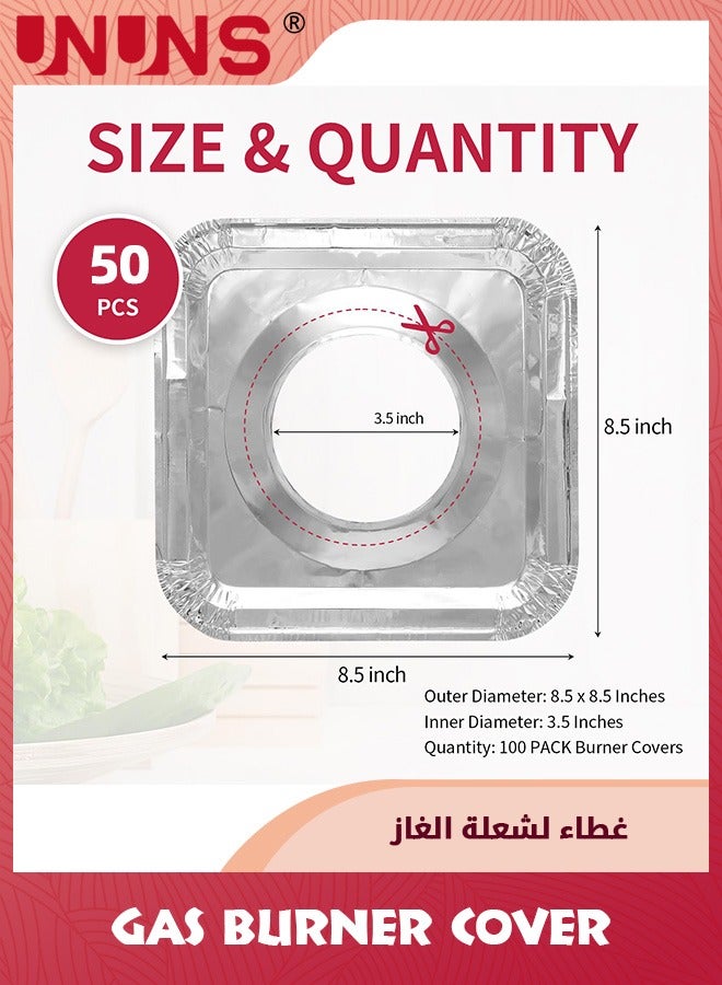 UNUNS 50 Pack Aluminum Gas Stove Burner Covers,Thicker Foil Square Burner Liners,Disposable Gas Range Protectors,Outer Diameter: 8.5 x 8.5 inch - Image 2