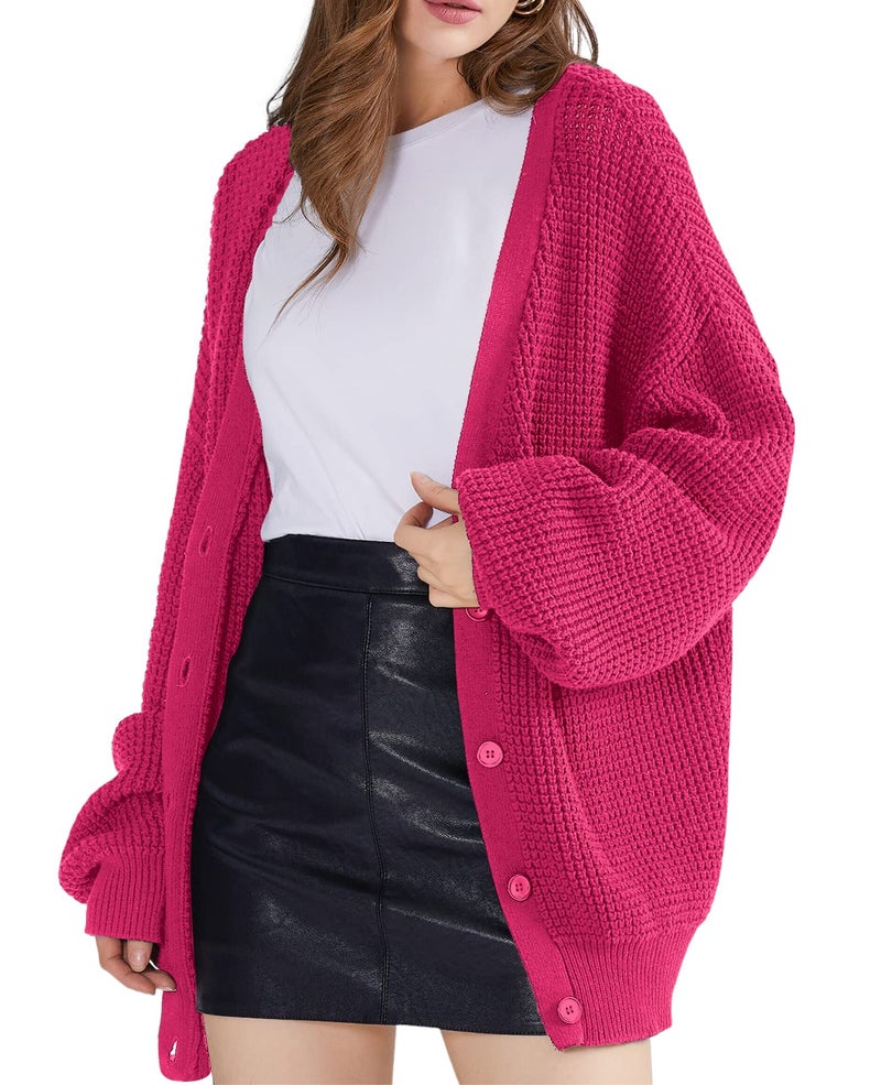 QUALFORT Women's Cardigan Sweaters for Women 100% Cotton Button-Down Long Sleeve Oversized Knit Outerwear Fall Cardigans 2026 Hot Pink Large - Image 1
