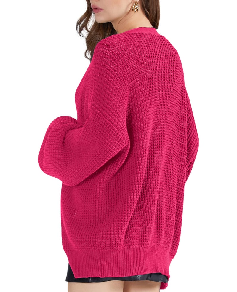 QUALFORT Women's Cardigan Sweaters for Women 100% Cotton Button-Down Long Sleeve Oversized Knit Outerwear Fall Cardigans 2026 Hot Pink Large - Image 2