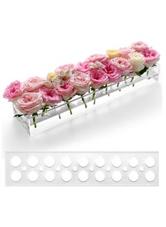 Acrylic Flower Vase Rectangular 18 in Long Leak-Proof Clear Acrylic Low Vase with 18+8 Holes - Rectangle Floral Centerpiece for Table - Clear