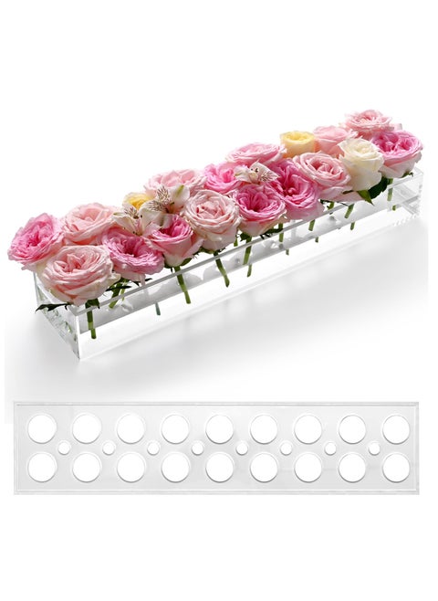 Acrylic Flower Vase Rectangular 18 in Long Leak-Proof Clear Acrylic Low Vase with 18+8 Holes - Rectangle Floral Centerpiece for Table - Clear