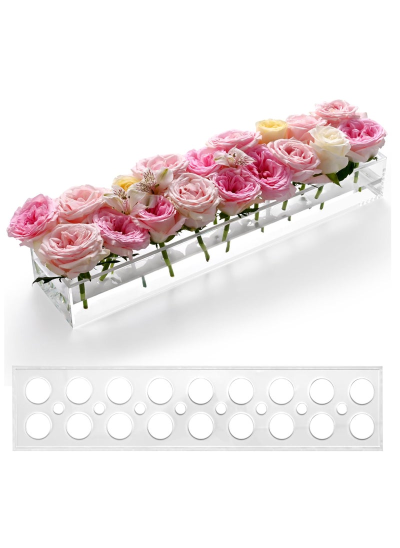 Hihonor - Acrylic Flower Vase Rectangular 18 in Long Leak-Proof Clear Acrylic Low Vase with 18+8 Holes - Rectangle Floral Centerpiece for Table - Clear - Image 1