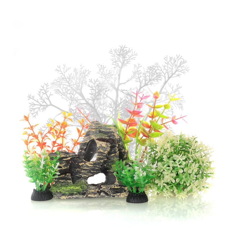 JIH Aquarium Fish Tank White Plastic Plants and Cave Rock Decorations Decor Set 7 Pieces Small and Large Artificial Fish Tank Plants with Cave Rock CU89White7