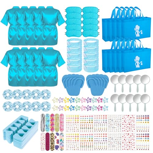 Hoemwarm 122 Pcs Blue Girls Spa Party Kit 10Pack Slumber Party Favors with Satin Robes Tote Bags and Nail Salon Accessories for Kids Spa Birthday Halloween Home Party Supplies - Image 1