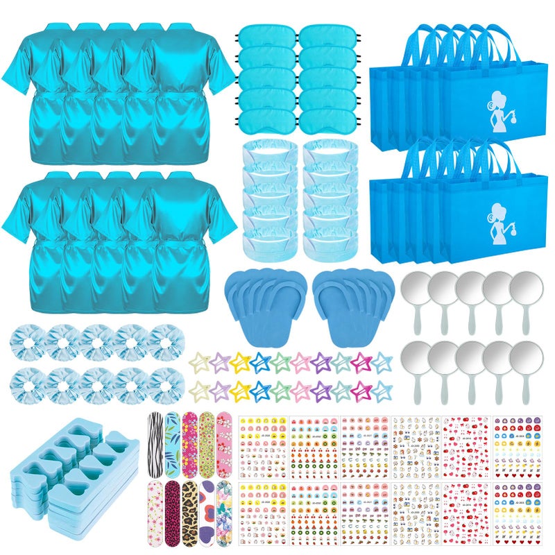 Hoemwarm 122 Pcs Blue Girls Spa Party Kit 10Pack Slumber Party Favors with Satin Robes Tote Bags and Nail Salon Accessories for Kids Spa Birthday Halloween Home Party Supplies - Image 2