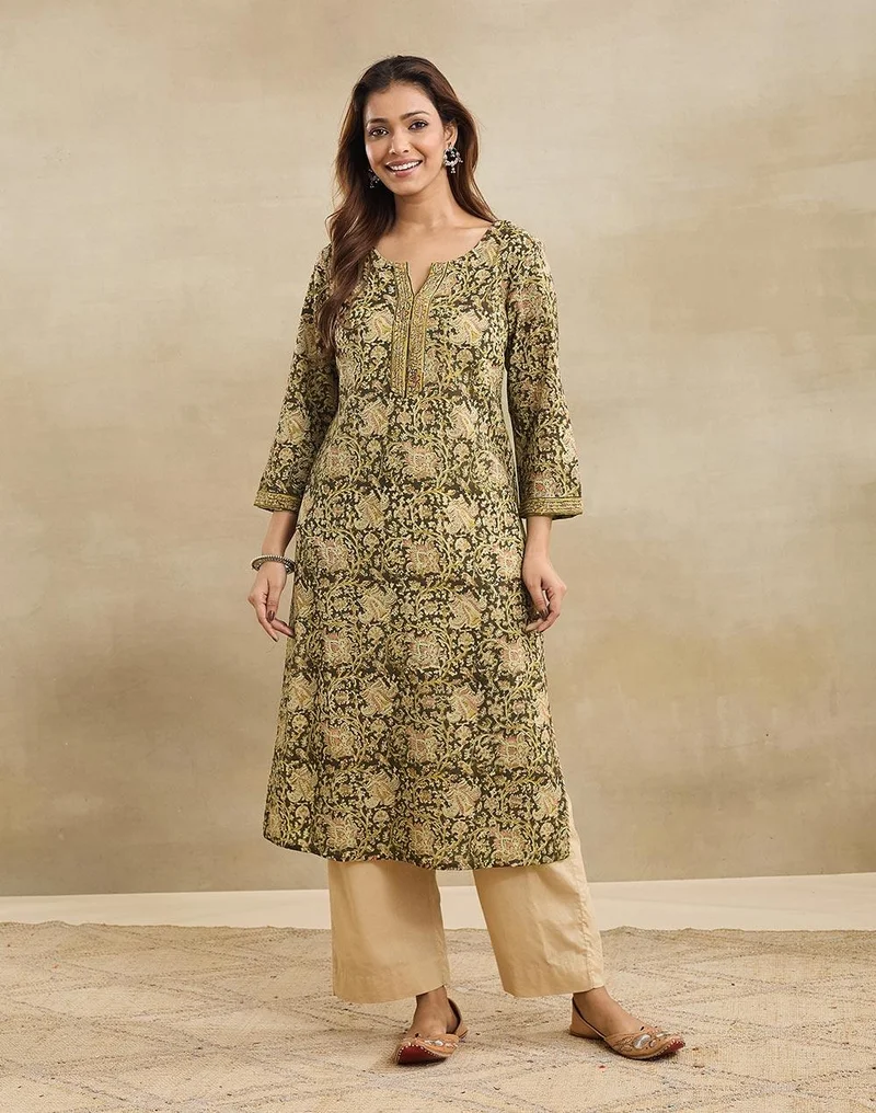 فاب انديا Green Cotton Long Kurta