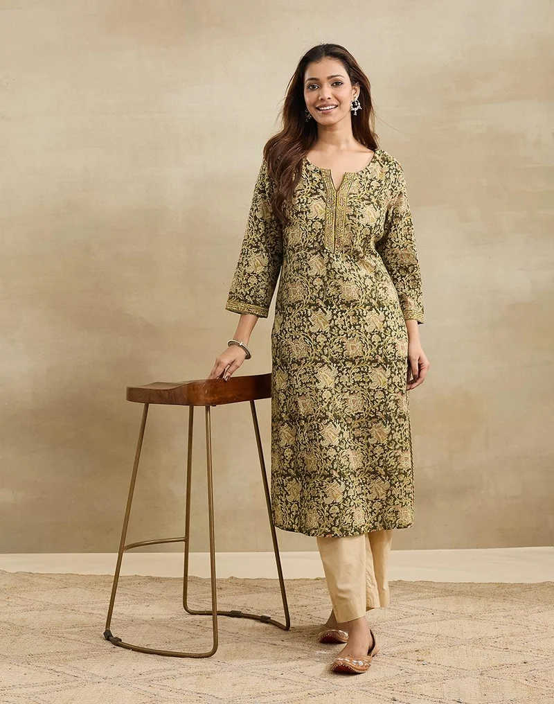 فاب انديا Green Cotton Long Kurta